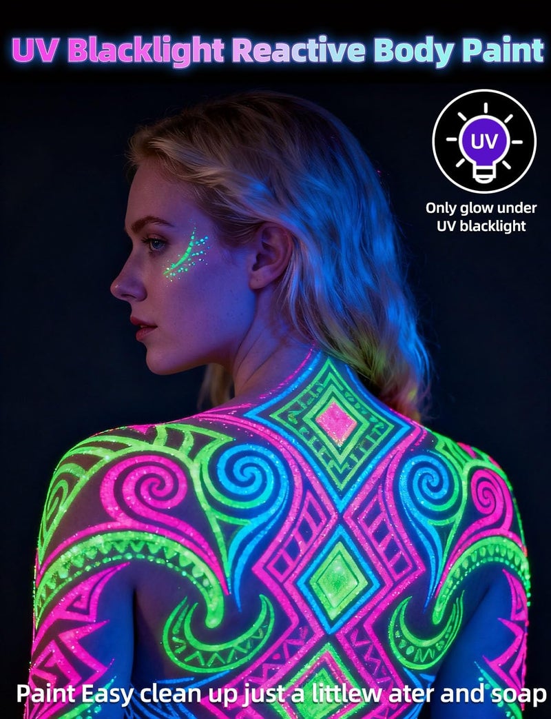 iLC [6 Bottles, 1 oz. Each] Body Paint Glow Blacklight Reactive Neon Fluorescent Paint - Safe For Skin - Washable - Non-Toxic - Six Colors Kit - Image 4