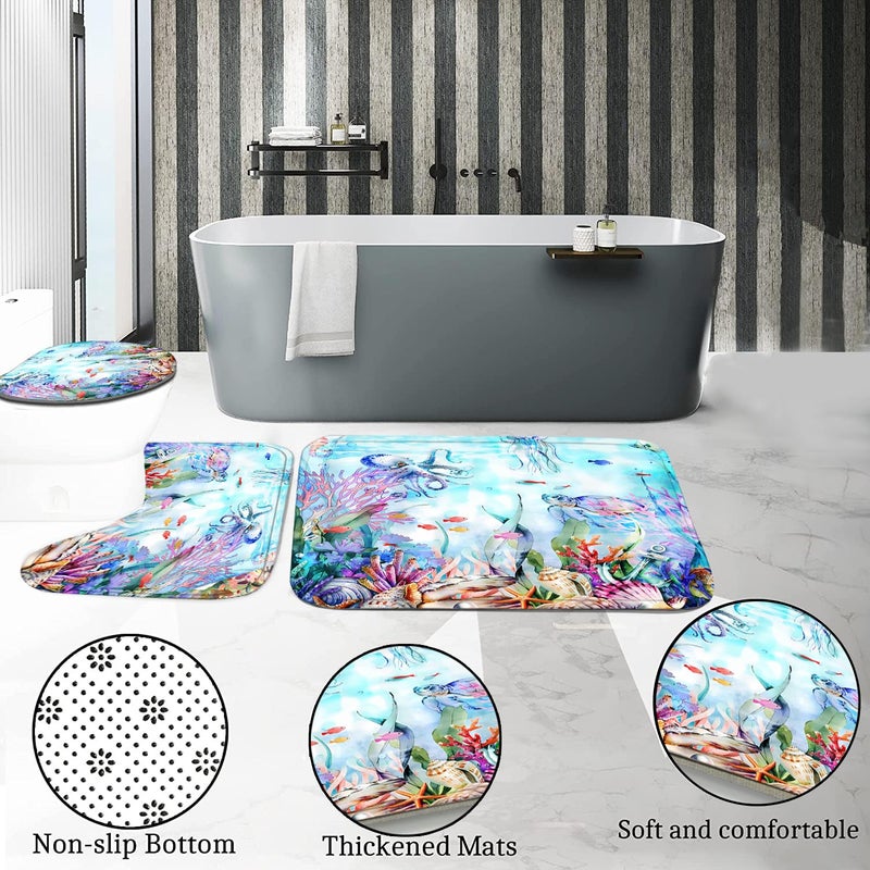 Pretyw 4-Piece Blue Ocean Seaworld Shower Curtain Set Marine Life Bathroom Set with Shower Curtain and Rugs, Octopus Turtle Coral Seagrass Seaworld Bath Curtain with Hooks for Home Decor - Image 5