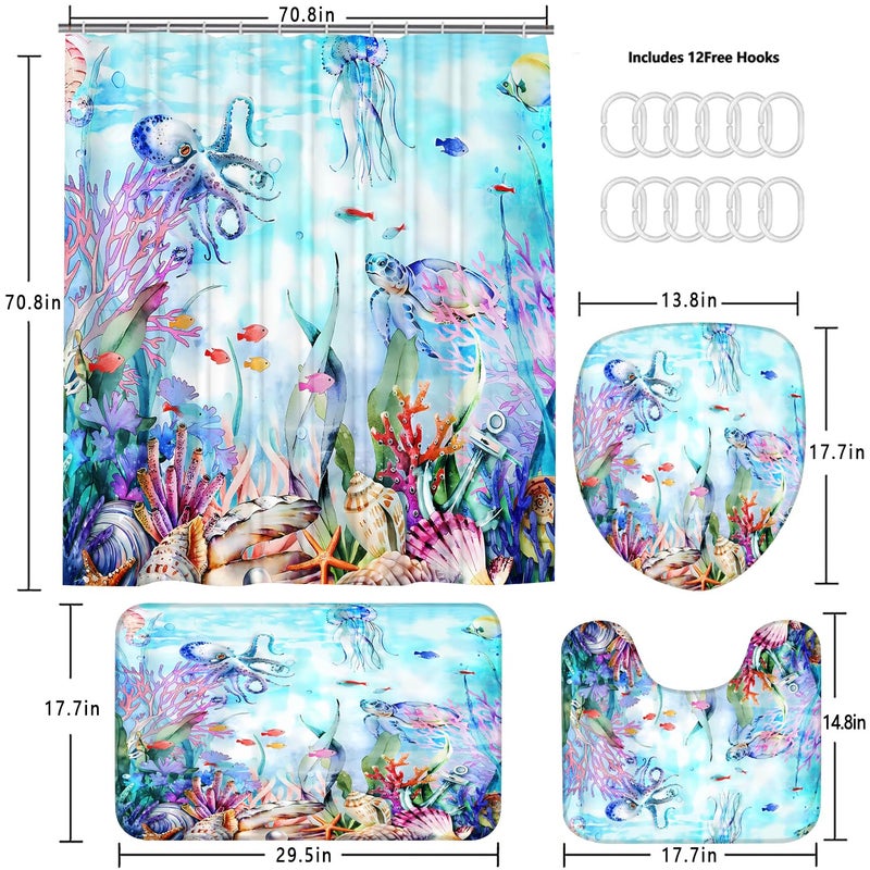 Pretyw 4-Piece Blue Ocean Seaworld Shower Curtain Set Marine Life Bathroom Set with Shower Curtain and Rugs, Octopus Turtle Coral Seagrass Seaworld Bath Curtain with Hooks for Home Decor - Image 4