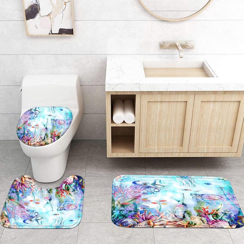 Pretyw 4-Piece Blue Ocean Seaworld Shower Curtain Set Marine Life Bathroom Set with Shower Curtain and Rugs, Octopus Turtle Coral Seagrass Seaworld Bath Curtain with Hooks for Home Decor - Image 3