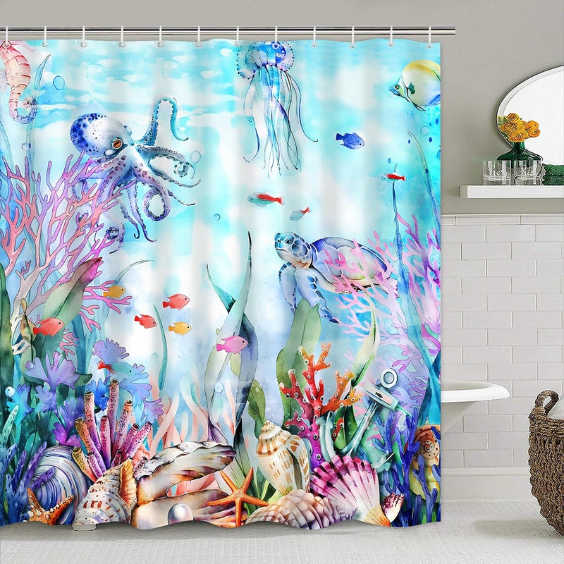 Pretyw 4-Piece Blue Ocean Seaworld Shower Curtain Set Marine Life Bathroom Set with Shower Curtain and Rugs, Octopus Turtle Coral Seagrass Seaworld Bath Curtain with Hooks for Home Decor - Image 2