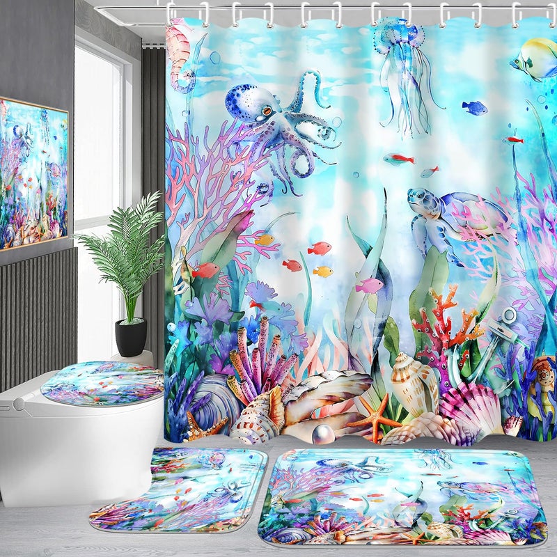 Pretyw 4-Piece Blue Ocean Seaworld Shower Curtain Set Marine Life Bathroom Set with Shower Curtain and Rugs, Octopus Turtle Coral Seagrass Seaworld Bath Curtain with Hooks for Home Decor - Image 1