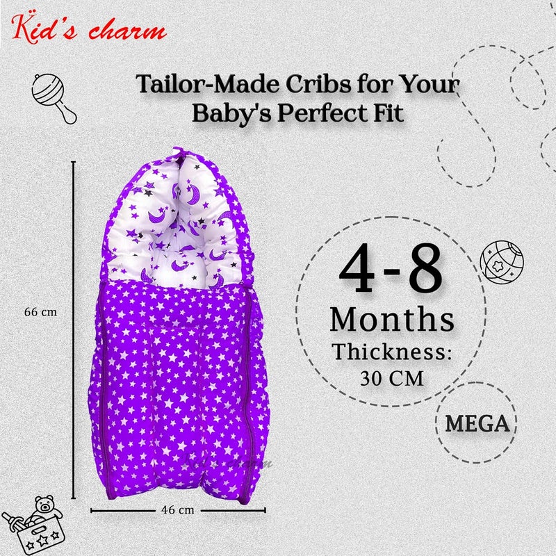 Kid's Charm Kids Charm StarMoon Mega 3 in 1 Babys Cotton Bed Cum Carry Bed Printed Baby Sleeping BagBaby BedInfant Portable for Unisex Easily Portable Light Weight Carry for New Born 48 Months Old Violet - Image 3