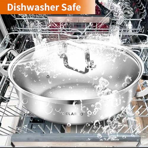 DELARLO Tri-Ply Stainless Steel 12 inch Everyday Pan with Glass Lid, Deep Saute Pan, Kitchen Everything Pan, High Side Chef's Pans, Induction Cooking Pot, Dishwasher Safe, 4QT Stock Pot Up To 600℉ - Image 5