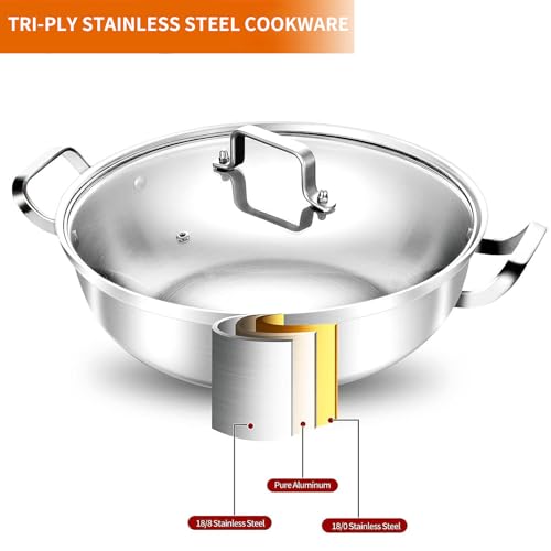 DELARLO Tri-Ply Stainless Steel 12 inch Everyday Pan with Glass Lid, Deep Saute Pan, Kitchen Everything Pan, High Side Chef's Pans, Induction Cooking Pot, Dishwasher Safe, 4QT Stock Pot Up To 600℉ - Image 2