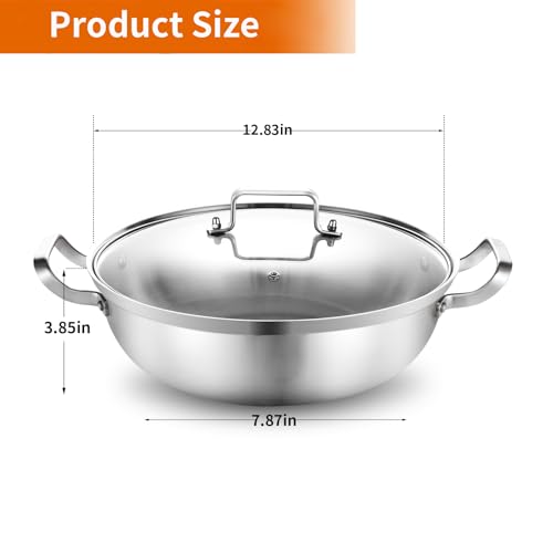 DELARLO Tri-Ply Stainless Steel 12 inch Everyday Pan with Glass Lid, Deep Saute Pan, Kitchen Everything Pan, High Side Chef's Pans, Induction Cooking Pot, Dishwasher Safe, 4QT Stock Pot Up To 600℉ - Image 3
