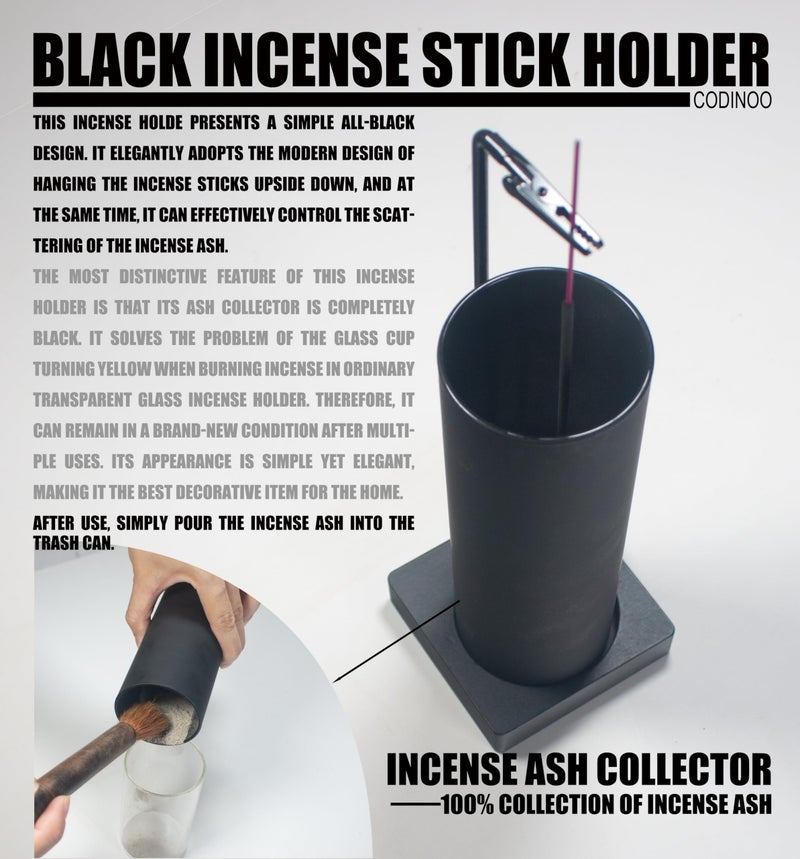 CODINOO Incense Holder for Sticks,Incense Burner Holder,Modern Incense Holder for Stick with Glass Ash Catcher,Insence-Stick Holder [Anti-Ash Flying] for Yoga Spa (Upside Down Full Black) - Image 4