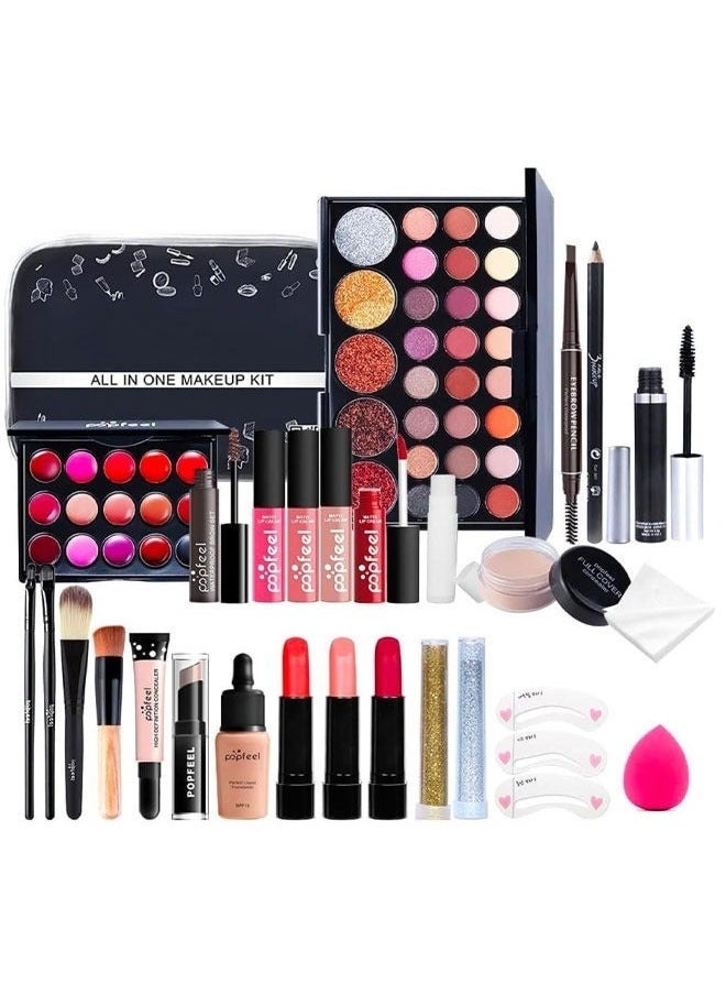 popfeel طقم مكياج شامل متعدد الاستخدامات مجموعة مكياج احترافية مصممة للنساء طقم كامل مكياج ضروري طقم بداية مناسب للمبتدئين والمحترفين 28 قطعة - Image 1