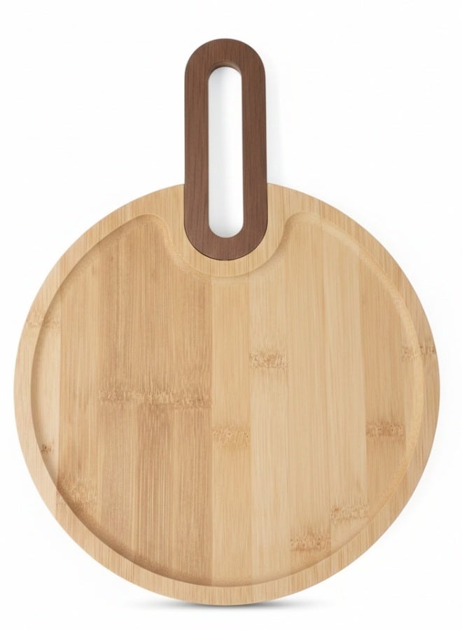 هابي هوم صينية تقديم خشبية دائرية من الخيزران مع مقبض عملي | صينية تقديم للمقبلات، البيتزا، الجبن والفواكه | صينية طبيعية صديقة للبيئة للاستخدام اليومي والمناسبات | تصميم عصري أنيق للمائدة 25*35سم - Image 2