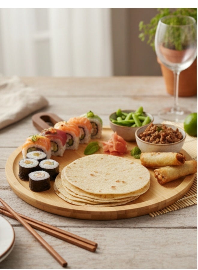 هابي هوم صينية تقديم خشبية دائرية من الخيزران مع مقبض عملي | صينية تقديم للمقبلات، البيتزا، الجبن والفواكه | صينية طبيعية صديقة للبيئة للاستخدام اليومي والمناسبات | تصميم عصري أنيق للمائدة 25*35سم - Image 4