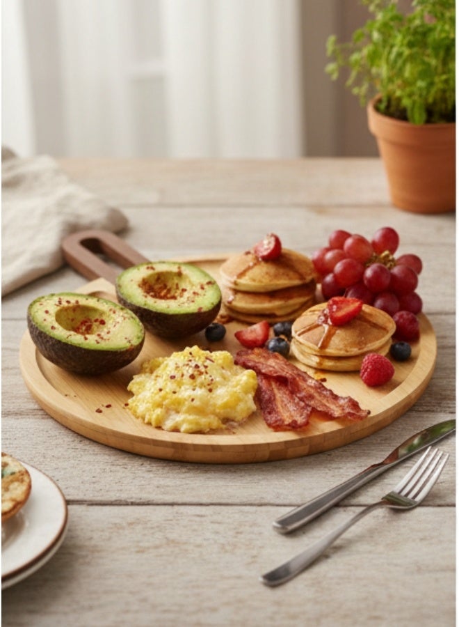 هابي هوم صينية تقديم خشبية دائرية من الخيزران مع مقبض عملي | صينية تقديم للمقبلات، البيتزا، الجبن والفواكه | صينية طبيعية صديقة للبيئة للاستخدام اليومي والمناسبات | تصميم عصري أنيق للمائدة 25*35سم - Image 5