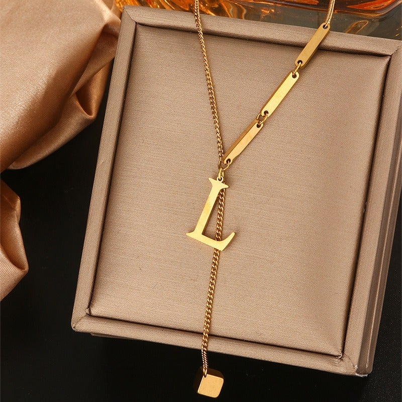 Vital Titanium Steel Tassel Collarbone Necklace for Women, 26 Letter Initial Pendant, Fade-Resistant Minimalist Jewelry