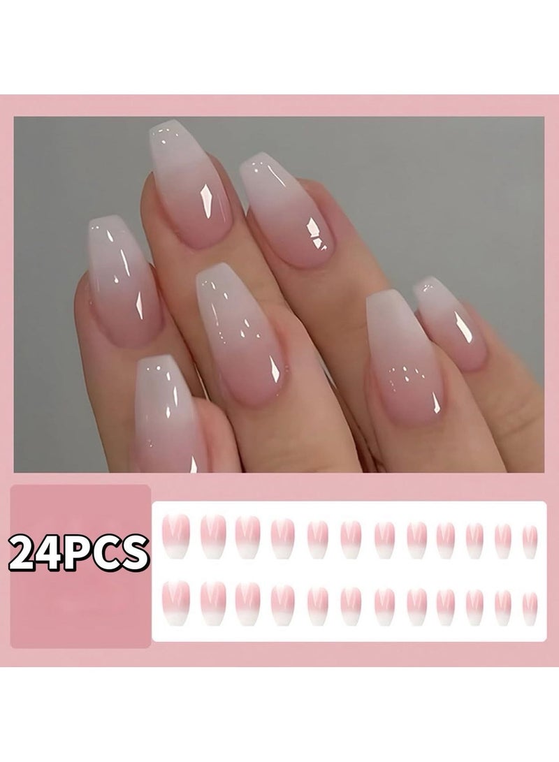 24 قطعة كيت أظافر جيلي باللون الوردي المتدرج بشكل كوفن قصير المدة، مناسبة للنساء والفتيات، أظافر لاصقة، مستلزمات الأظافر اضافر صناعيه اظافر اصطناع - Image 1