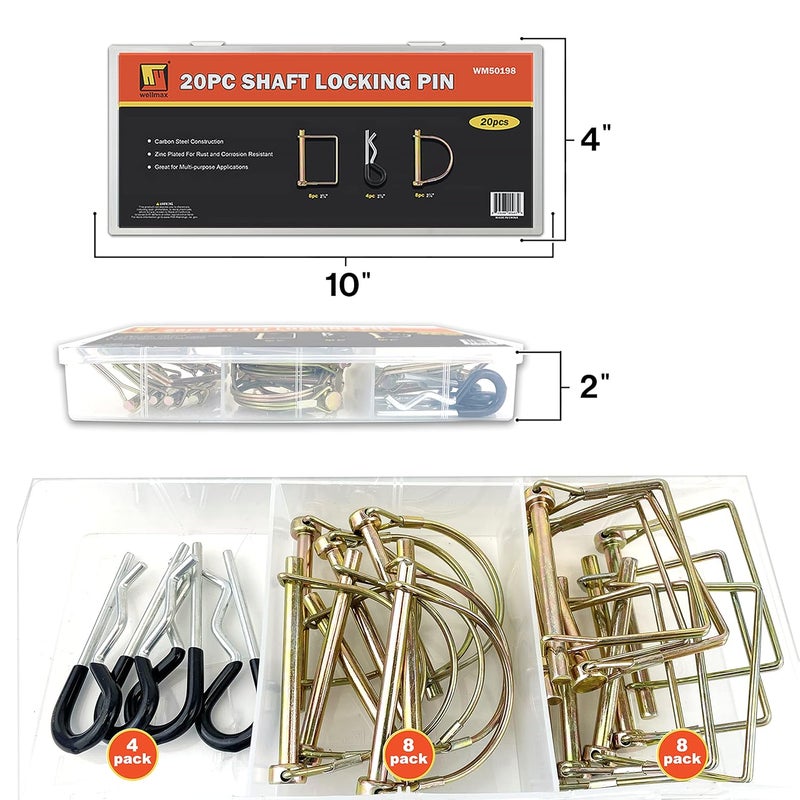 Wellmax 20 Pcs Shaft Locking Pin Set with 4 Heavy Duty Trailer Hitch Pins - Zinc-Plated Safety Pins - Image 2
