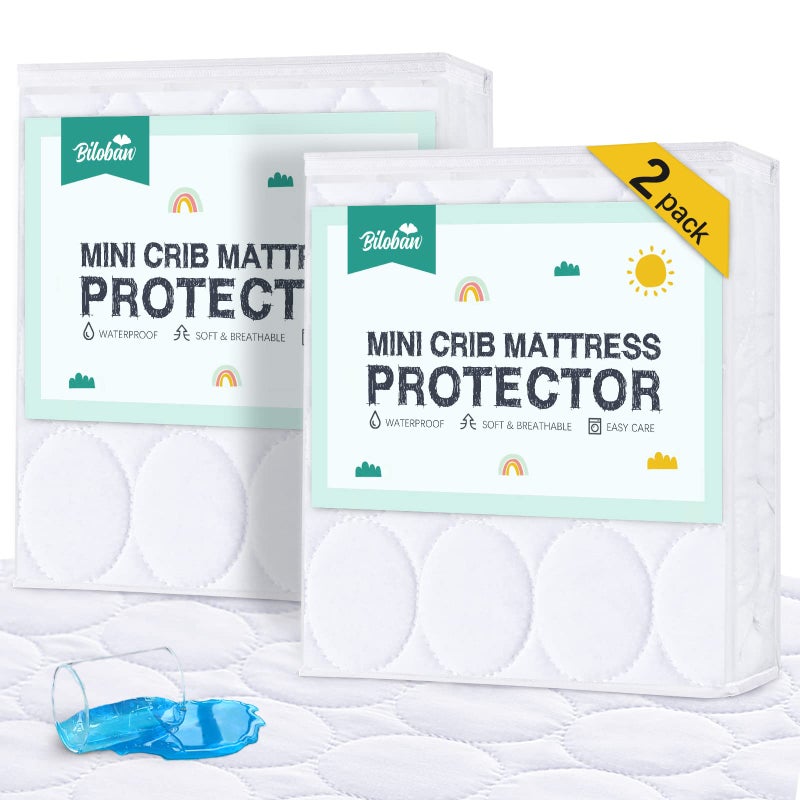 Biloban Mini Crib Mattress Protector Sheets Waterproof 2 Pack Quilted Pack and Play Mattress Pad Cover Fits for Mini CribPlayenPack and Play Mattress White 38x24