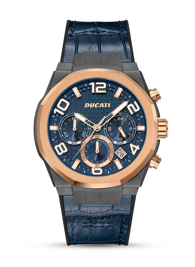 دوكاتي Ducati DT006 Chronograph Watch - 43.5MM Multi-Layered Blue Dial, Blue Leather Strap with Silicon Base, Water Resistant up to 50M, Bold Rose-Gold Accents for Racing Enthusiasts