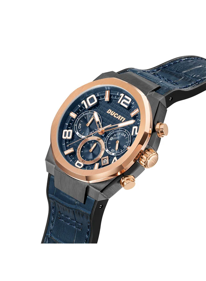 دوكاتي Ducati DT006 Chronograph Watch - 43.5MM Multi-Layered Blue Dial, Blue Leather Strap with Silicon Base, Water Resistant up to 50M, Bold Rose-Gold Accents for Racing Enthusiasts
