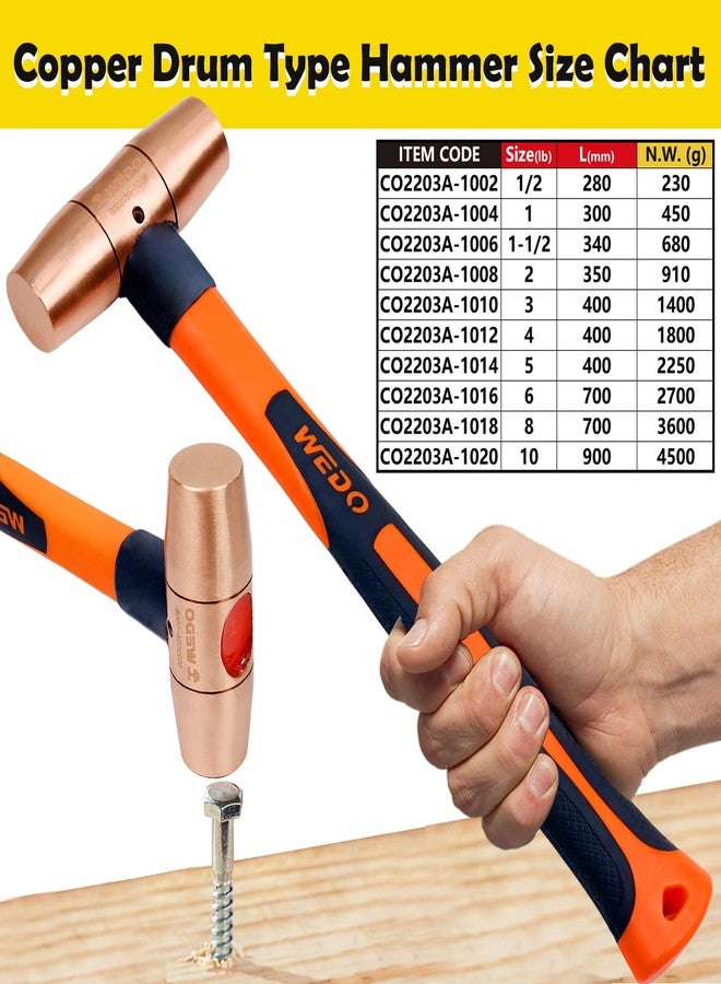 WEDO Copper Sledge Hammer 2lb,Solid Copper Mallet Hammer,Fiberglass Handle,Length 350mm,Die-Forged, Corrosion Resistant, DIN Standard - Image 2