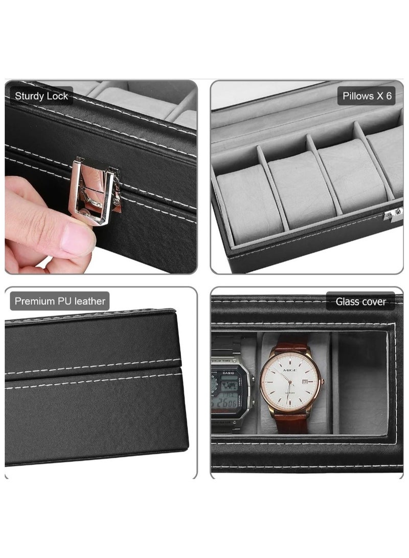 Watch Organizer and Storage Box with 6 Sections and 6 Slots for Displaying Watches for Men and Women Black PU Leather Watch Organizer Box PU Leather Watch Case Watch Organizer for Men and Women Christmas Gifts Large Women's and Men's Watch Organizer