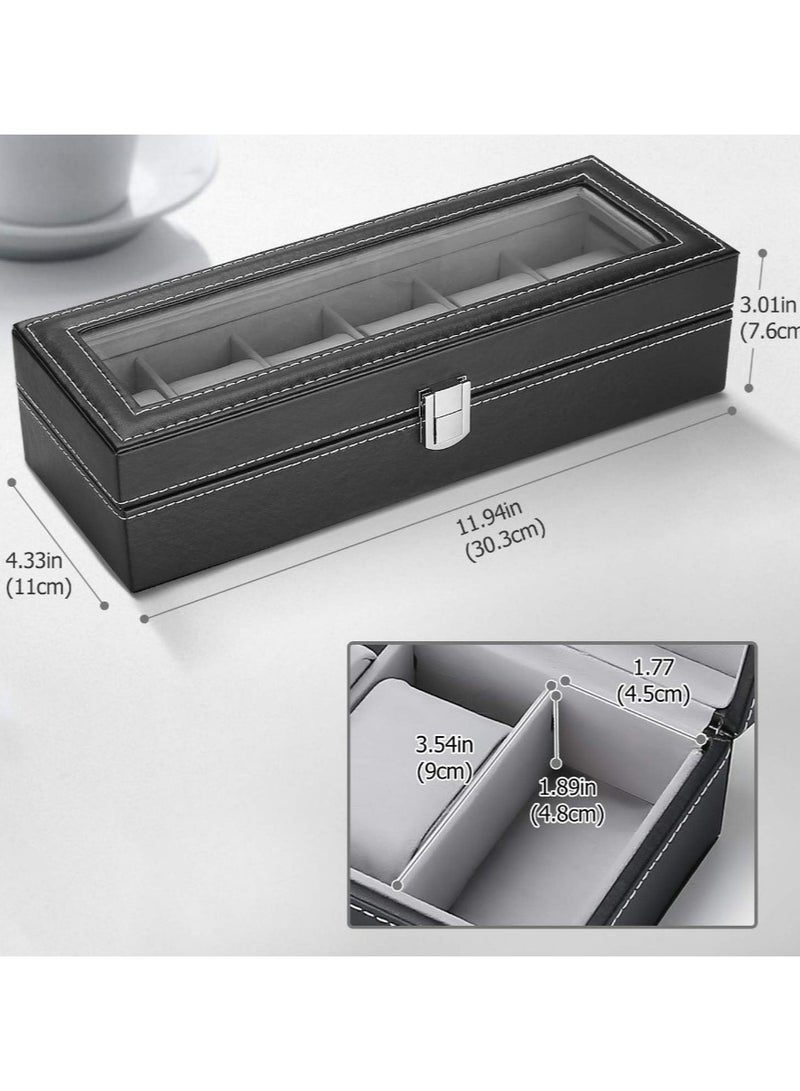 Watch Organizer and Storage Box with 6 Sections and 6 Slots for Displaying Watches for Men and Women Black PU Leather Watch Organizer Box PU Leather Watch Case Watch Organizer for Men and Women Christmas Gifts Large Women's and Men's Watch Organizer