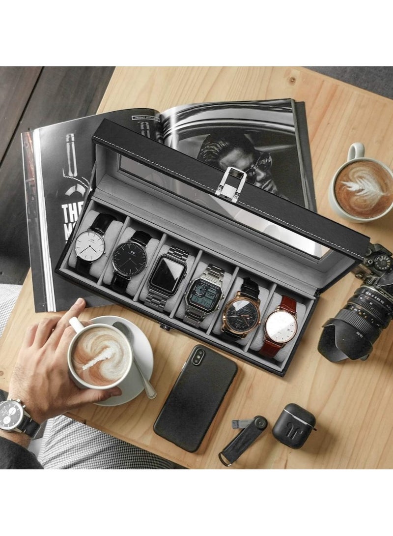 Watch Organizer and Storage Box with 6 Sections and 6 Slots for Displaying Watches for Men and Women Black PU Leather Watch Organizer Box PU Leather Watch Case Watch Organizer for Men and Women Christmas Gifts Large Women's and Men's Watch Organizer