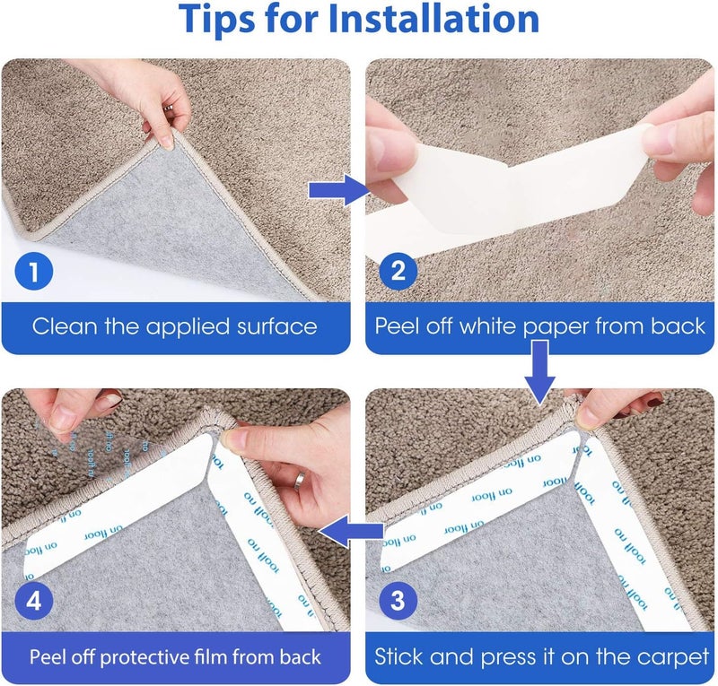 Sollifa Rug Tape,16 Pcs Dual Sided Washable Removable Rug Stopper for Area Rug, Non Slip Adhesive Prevent Curl for Hardwood Floors and Carpet Corners - Image 2