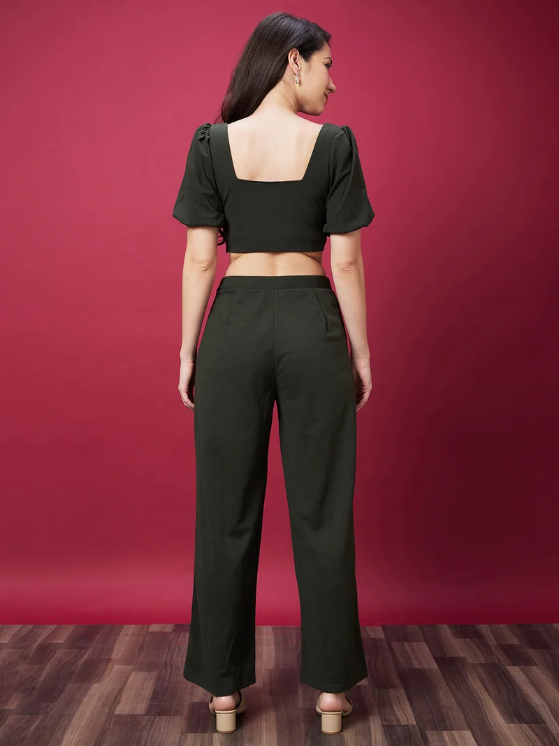 globus Women Solid Co-Ord Set With Crop Top & Trouser