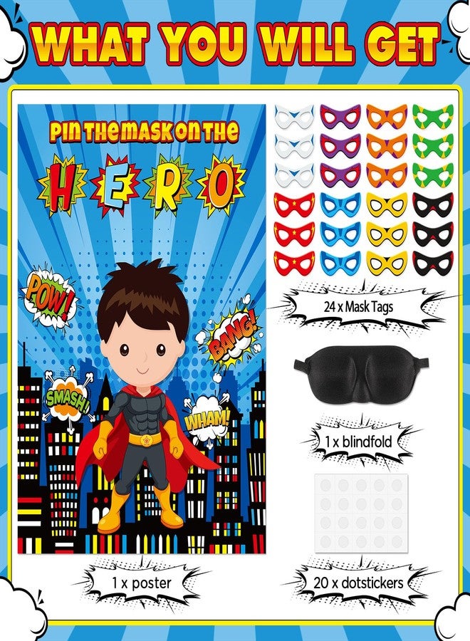 Faccito Hero Party Games Super Theme Hero Games Pin Mask on the Cityscape Poster with 24 Pcs Stickers and Blindfold Pin the Tail Set for Birthday Party Decorations Carnival Favors Supplies - Image 3