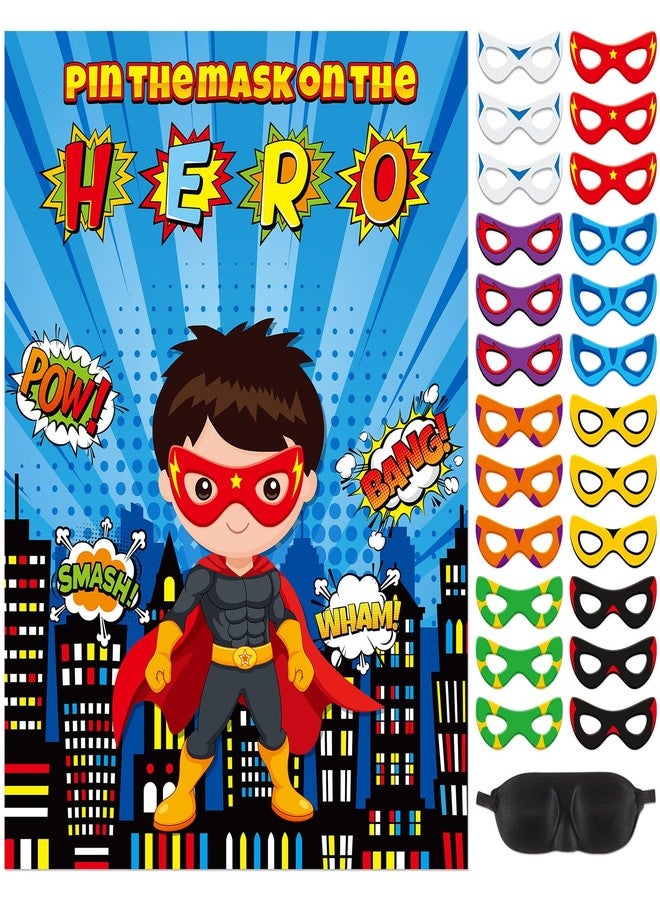 Faccito Hero Party Games Super Theme Hero Games Pin Mask on the Cityscape Poster with 24 Pcs Stickers and Blindfold Pin the Tail Set for Birthday Party Decorations Carnival Favors Supplies - Image 1