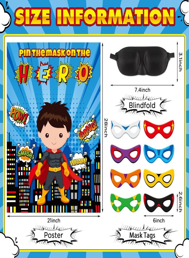 Faccito Hero Party Games Super Theme Hero Games Pin Mask on the Cityscape Poster with 24 Pcs Stickers and Blindfold Pin the Tail Set for Birthday Party Decorations Carnival Favors Supplies - Image 2