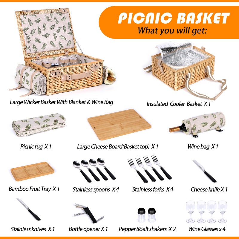 Hap Tim Dual Wicker Picnic Basket Set with Blanket Charcuterie Boards for 2/4/6 - Unique Gifts Ideas for Couple, Engagement, Wedding, Bridal Shower, Family, Christmas - White Elephant Gifts for Adults - Image 2