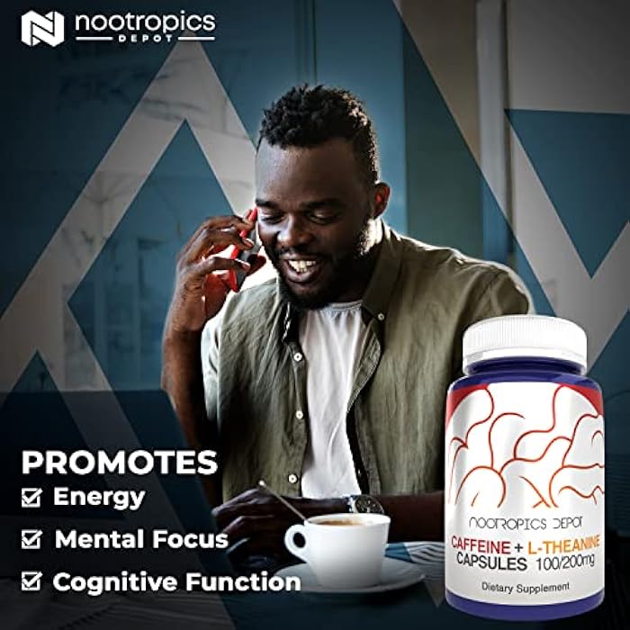 Nootropics Depot Caffeine and L-Theanine Capsules | 60 Count | Contains 200mg of Caffeine and 100mg of L-Theanine | Natural Supplement | Energy Booster | Mental Focus + Alertness | Coffee Alternative - Image 4