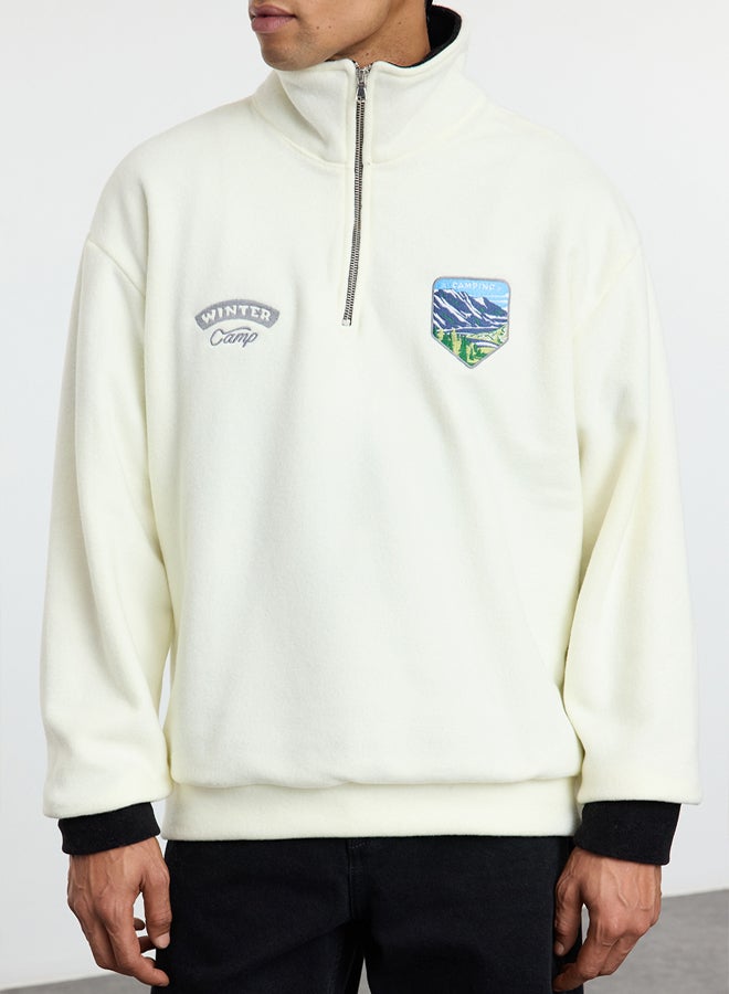 trendyol Ecru Oversize/Wide Cut Stand Collar Anti-Pilling Warm/Fleece Sweatshirt - Image 4