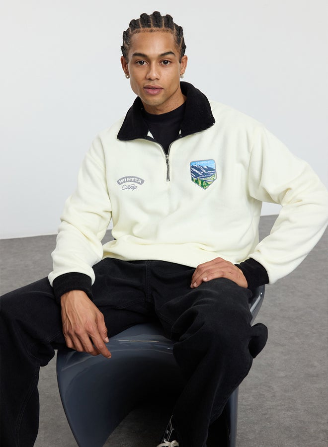 trendyol Ecru Oversize/Wide Cut Stand Collar Anti-Pilling Warm/Fleece Sweatshirt - Image 2