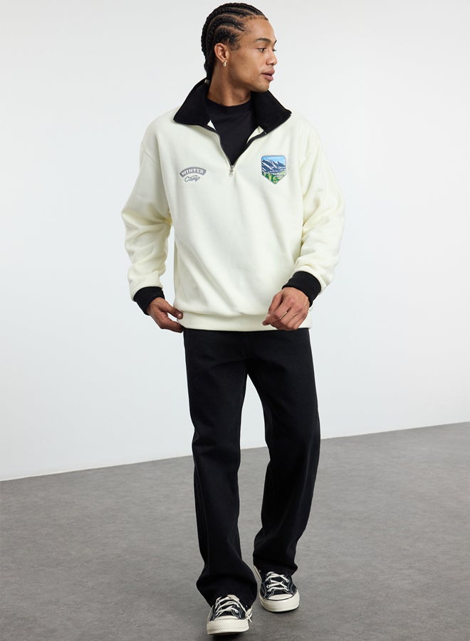 trendyol Ecru Oversize/Wide Cut Stand Collar Anti-Pilling Warm/Fleece Sweatshirt - Image 3