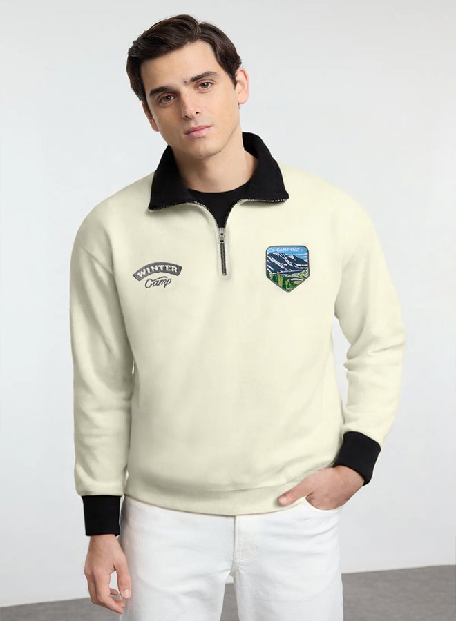 trendyol Ecru Oversize/Wide Cut Stand Collar Anti-Pilling Warm/Fleece Sweatshirt - Image 1