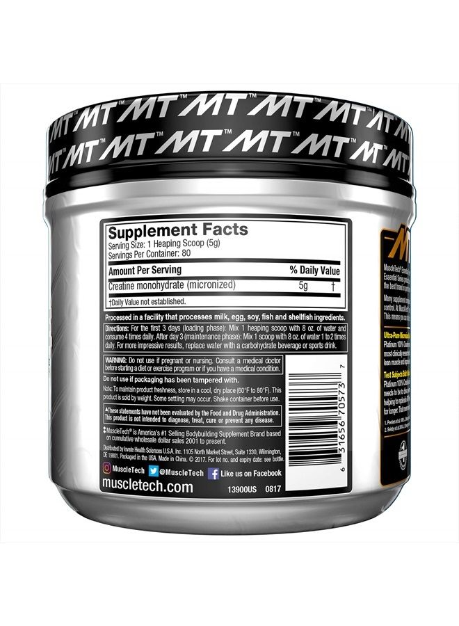 Creatine Monohydrate Powder | MuscleTech Platinum | Pure Micronized | Muscle Recovery + Builder for Men & Women | Workout Supplements | Unflavored (80 Servings)