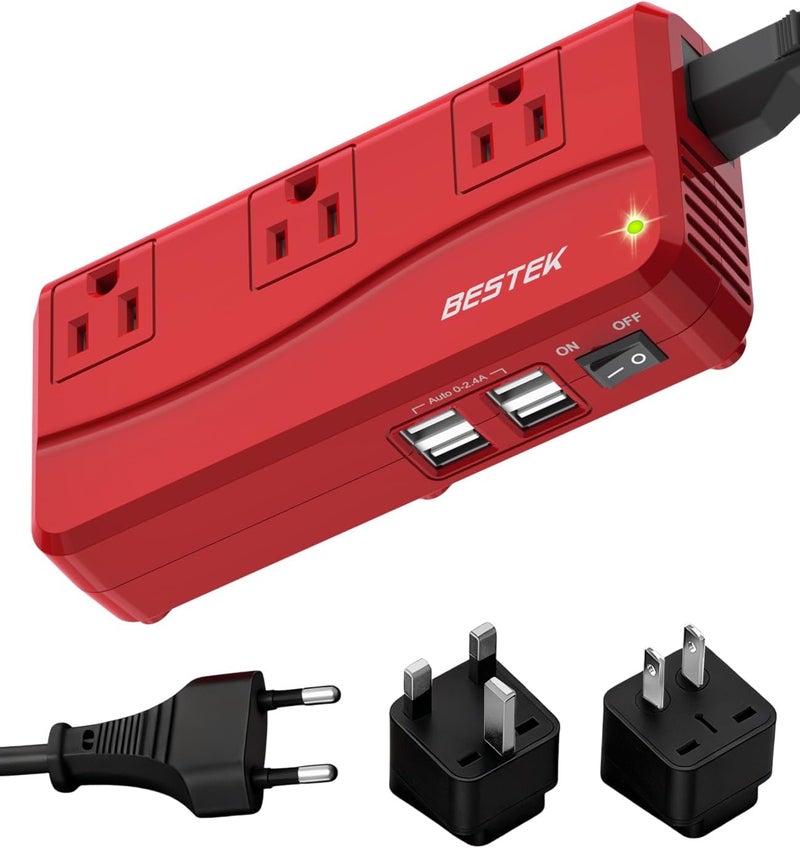 BESTEK Universal Travel Adapter 220V to 110V Voltage Converter with 6A 4-Port USB Charging and UK/AU/US/EU Worldwide Plug Adapter (Red) - Image 1
