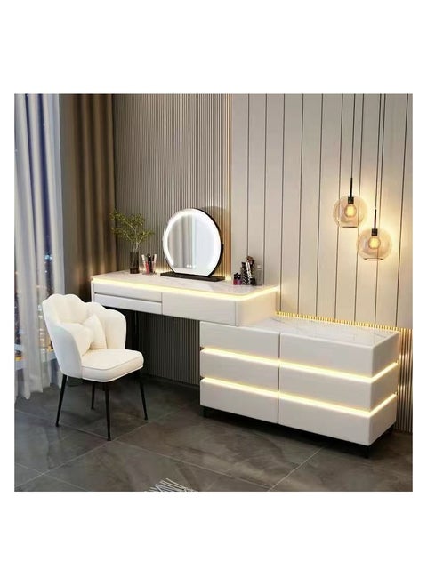 Modern Luminous Dressing Table Set, Vanity Desk with Illuminated Mirror and Stool, Makeup Table with Massive Storage Side Table with Drawers, Smart Mirror and a Chair for Bedroom Girls Women's Gift.
