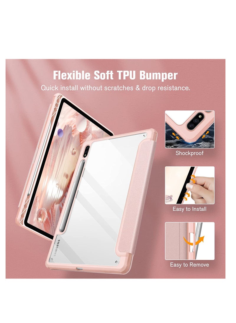 Hybrid Slim Case for Samsung Galaxy Tab S8/Tab S7 with S Pen Holder, Shockproof Cover with Clear Transparent Back Shell, Auto Wake/Sleep and screen protector PINK