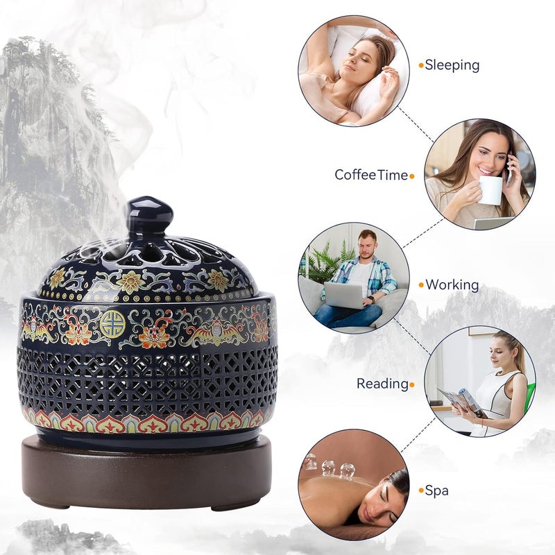ISSNW Ceramic Holder Electric Incense Burner Enamel Built-in LED Lights Simulate Flames, Classical, Elegant and High-end Hollow Design - Image 5