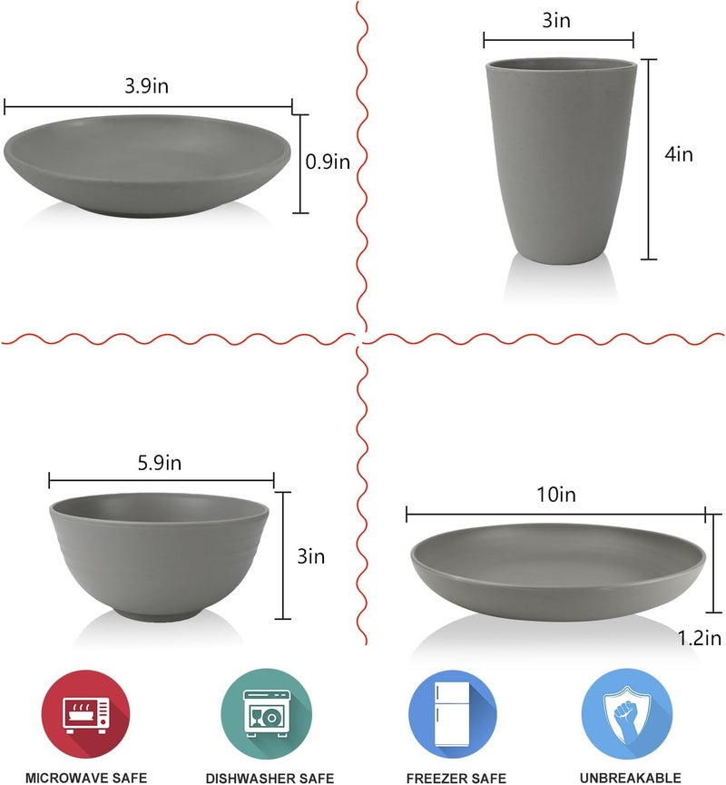 Wrova Wheat straw plates and bowls sets of 16  Unbreakable wheat straw dinnerware sets for party  Alternative plastic dinnerware set for campingparty and RV Grey - Image 2