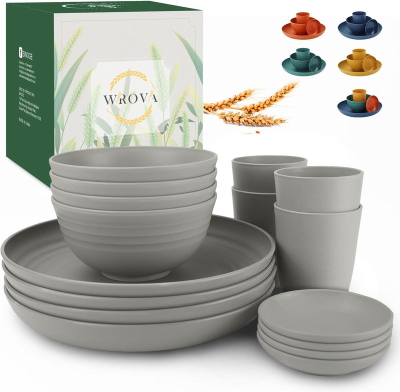 Wrova Wheat straw plates and bowls sets of 16  Unbreakable wheat straw dinnerware sets for party  Alternative plastic dinnerware set for campingparty and RV Grey - Image 1