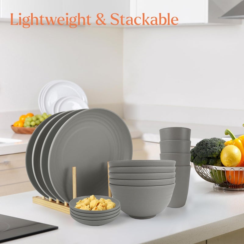 Wrova Wheat straw plates and bowls sets of 16  Unbreakable wheat straw dinnerware sets for party  Alternative plastic dinnerware set for campingparty and RV Grey - Image 4