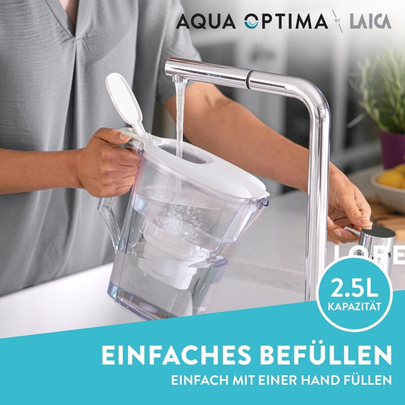 Aqua Optima إبريق فلتر أ��وا أوبتيما ليسكيا و6 خراطيش فلتر إيفولف+ لمدة 30 يومًا، سعة 2.5 لتر، لتقليل الميكروبلاستيك والكلور والجير والشوائب، اللون الأبيض - Image 3