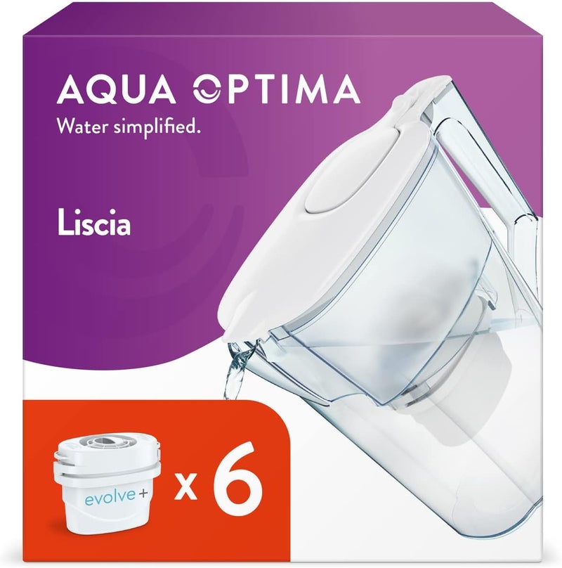 Aqua Optima إبريق فلتر أ��وا أوبتيما ليسكيا و6 خراطيش فلتر إيفولف+ لمدة 30 يومًا، سعة 2.5 لتر، لتقليل الميكروبلاستيك والكلور والجير والشوائب، اللون الأبيض - Image 1