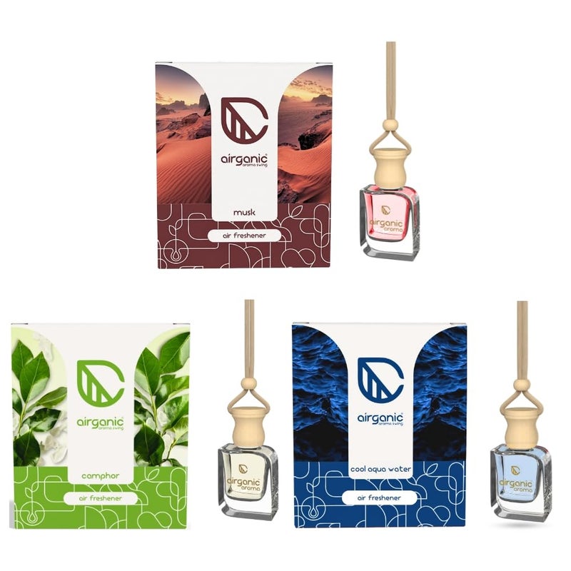 Airganic Swing Prime Car Perfume Hanging Pod | Musk, Camphor & Cool Aqua Water| Pack 3 | Car Air Freshener |Natural Essential Fragrance Oils in Glass Bottle with Wooden Diffuser Lid |Last Upto 60 Days - Image 1