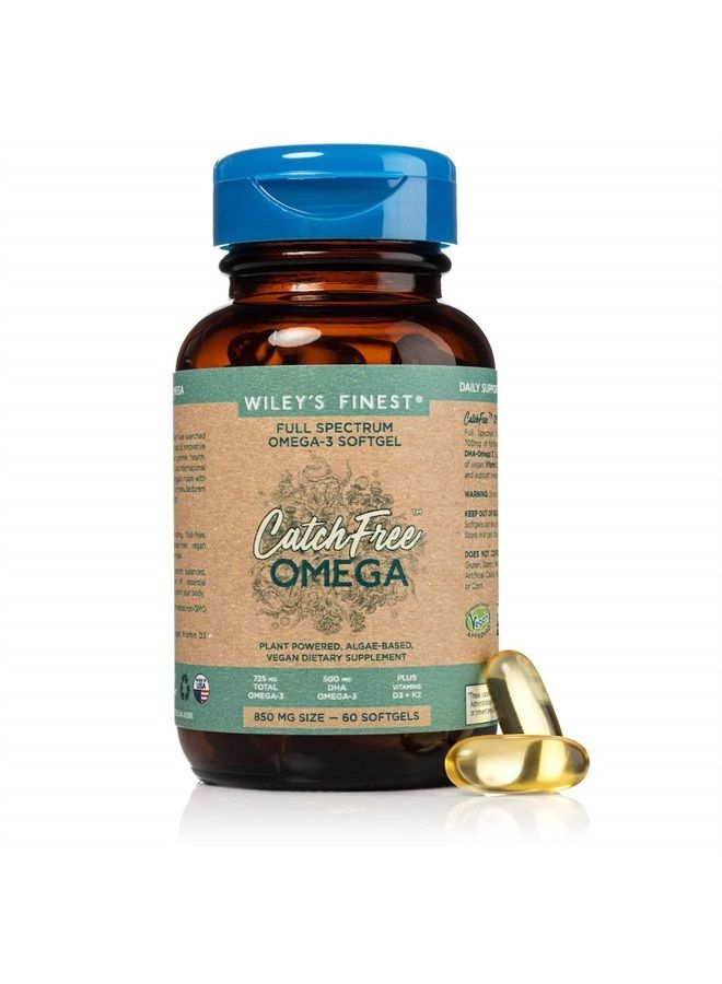 Wiley's Finest CatchFree Omega - Vegan, Non-GMO Fish Oil Alternative - Full Spectrum Omega-3 Liquid Supplement with Organic Plant-Based Algae Oil - 60 Softgels (60 Servings) - Image 1