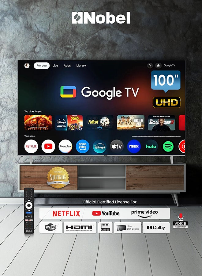 Nobel 100-Inch 4K UHD Google TV Smart TV, Dolby Sound & Voice Control, Android 14, Netflix YouTube Prime, Wi-Fi & Bluetooth Connectivity – UHD100G Black - Image 1