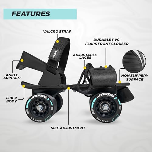 JASPO Razor Adjustable Roller Skates | Unique Ankle Support | 61mm PU Wheels | Anti-Skid Surface | Lightweight | Quad Skates for Kids & Adults (Size 25–31 cm, Age 8+)(Skate Only) Black - Image 2